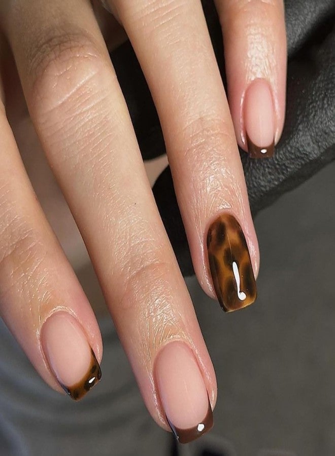Vopintpy Tortoise Print French Tip Press on Nails Short Square Fake Nails with Design Glossy Acrylic Glue on Nail Reusable Full Cover Artificial Stick on Nail for Women DIY Manicure - Image 1